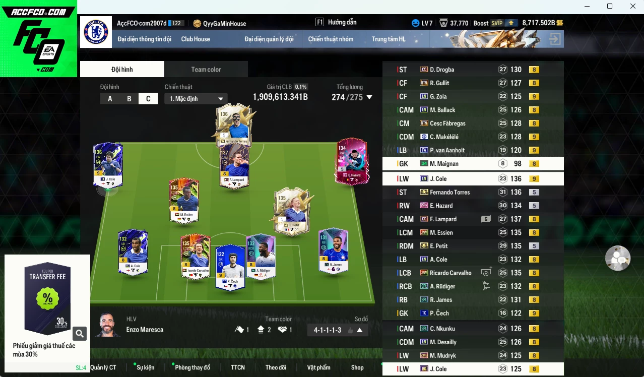 [ACC Rẻ🔥] Chelsea 1.909.610b có Torres ITM+5, Essien JNM, Petit ITM+5, Makélélé CFA+9(bù), J. Cole LN+9(bù), Drogba CC, Lampard CC, Gullit RTN, Rudiger SPL, Ballack LN, Carvalho JNM, Hazard 25HR... (VIP BK Tháng 8)
